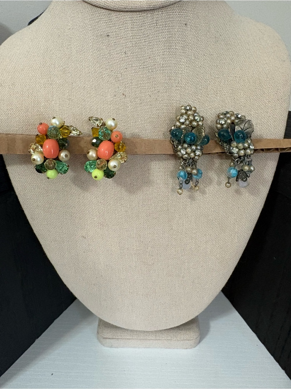 Eugene vintage earrings clip on 2 pair beaded rhinestone multicolor